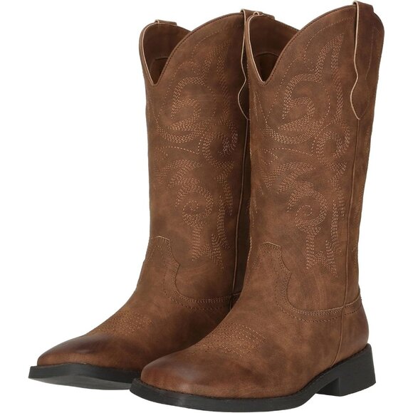 Women's Cowgirl Boots with Buckles Wide Mid Calf Western Cowboy Boots Square Toe - Picture 4 of 8